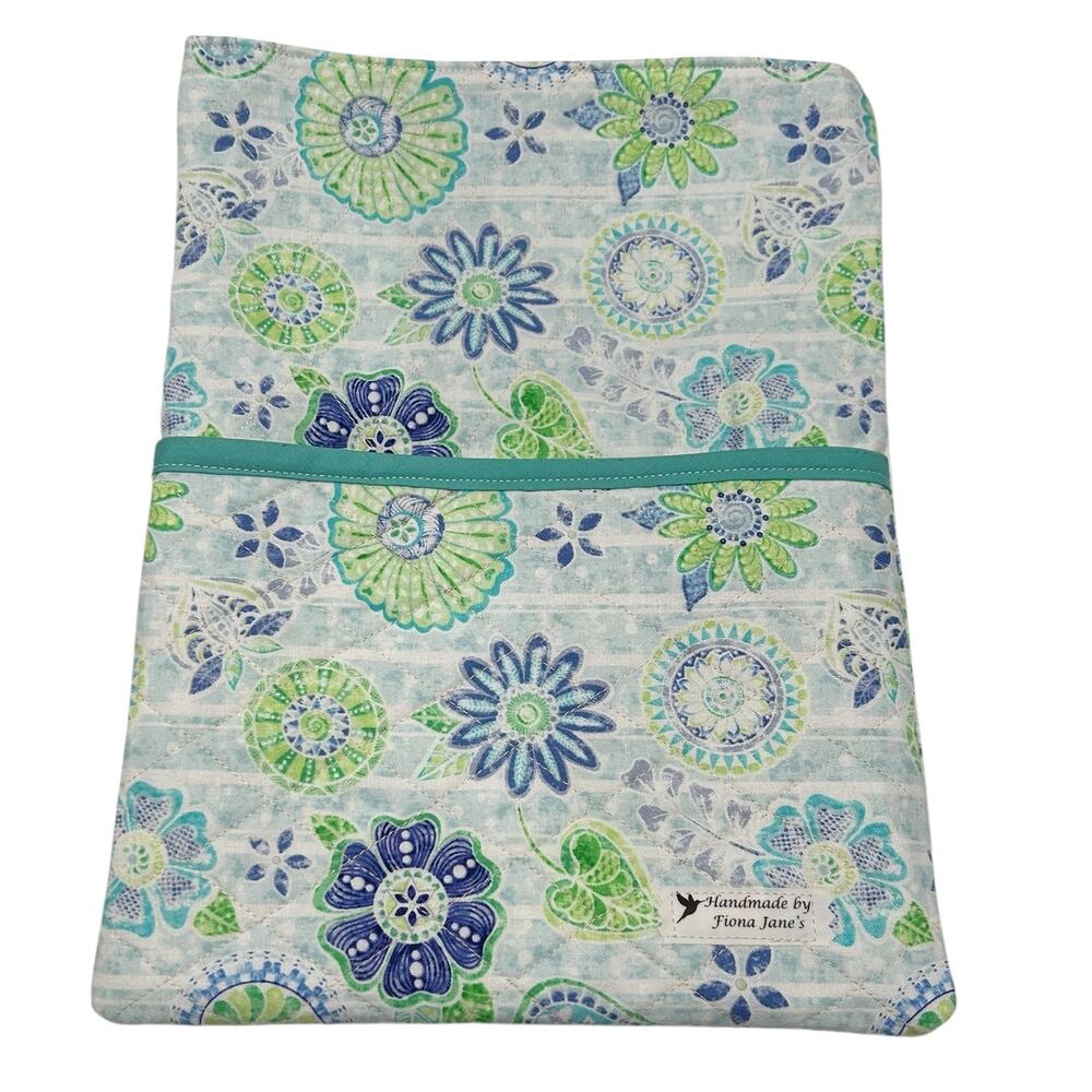Handmade Quilted iPad Large Book Sleeve Front Pocket NEW 12"x9" Boho Blue Green